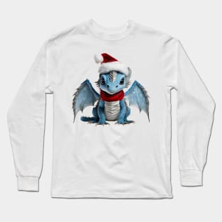 Realistic Artwork of a Cute Blue Baby Dragon Wearing a Red Festive Christmas Hat Long Sleeve T-Shirt